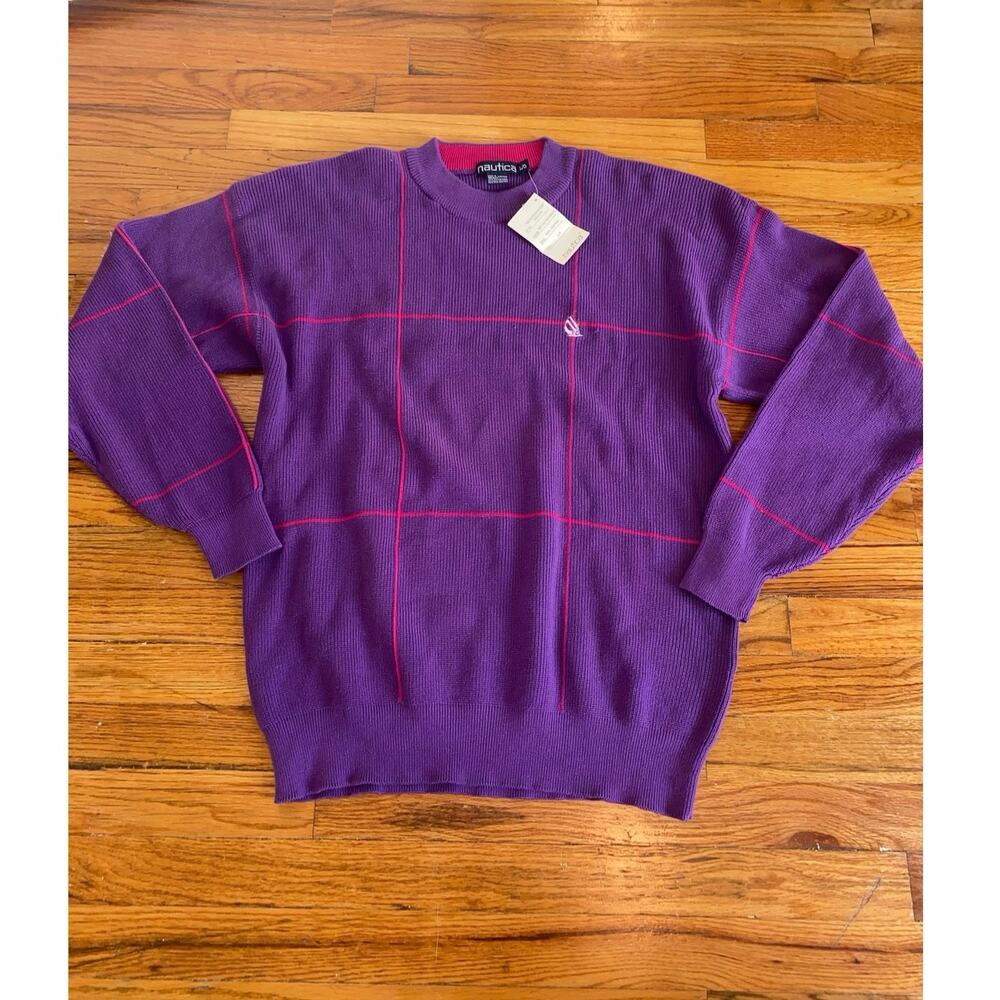 Rare vintage Nautica windowpane sweater size L purple/pink color way NWT